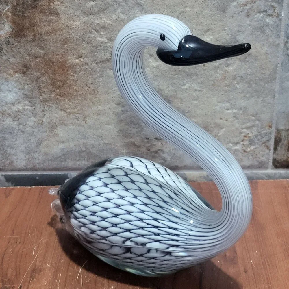 Hand Blown Art Glass Black White Swan Sculpture Glass Duck